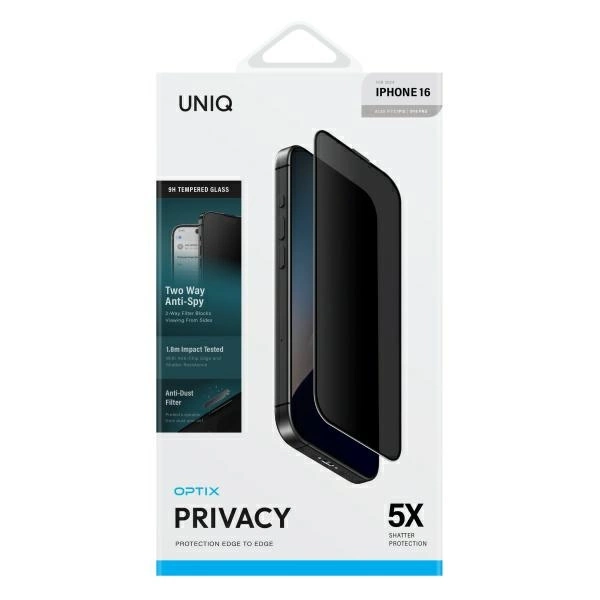 Uniq Optix Privacy tempered glass with privacy applicator for iPhone 16eng