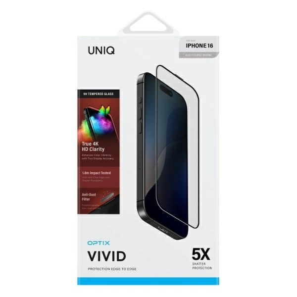 Uniq Optix Vivid tempered glass with applicator for iPhone 16eng