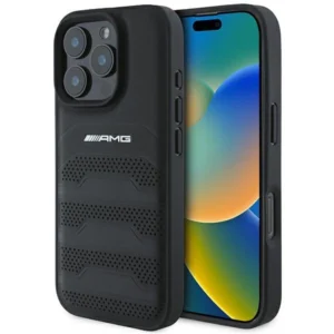 AMG Leather Debossed Lines Black Logo iPhone 16 Pro Case - Blackeng