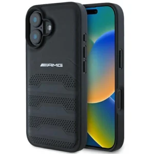 AMG Leather Debossed Lines Black Logo iPhone 16 Case - Blackeng