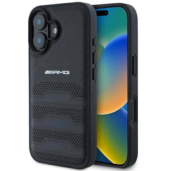 AMG Leather Debossed Lines Black Logo iPhone 16 Case - Blackeng