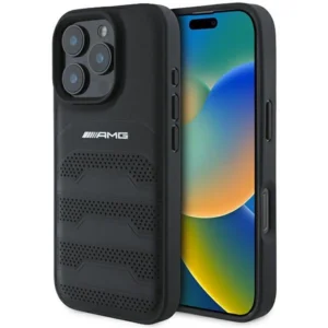 AMG Leather Debossed Lines Black Logo iPhone 16 Pro Max Case - Blackeng