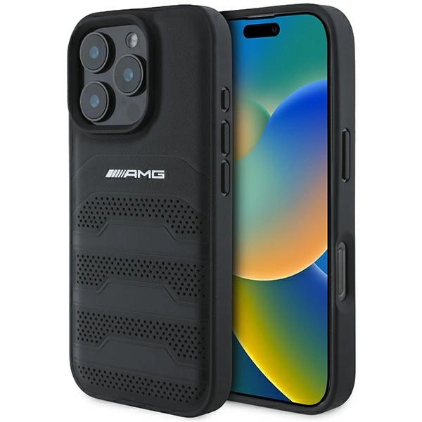 AMG Leather Debossed Lines Black Logo iPhone 16 Pro Max Case - Blackeng