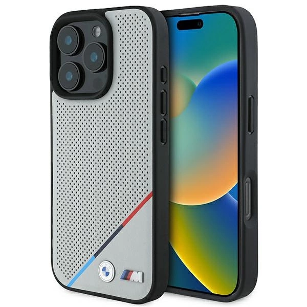 BMW M Perforated Tricolor Line MagSafe Case for iPhone 16 Pro - Grayeng