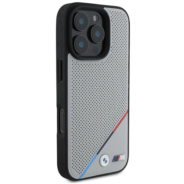 BMW M Perforated Tricolor Line MagSafe Case for iPhone 16 Pro - Grayeng
