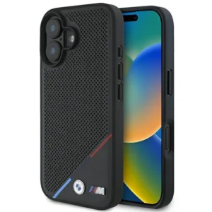 BMW M Perforated Tricolor Line MagSafe Case for iPhone 16 Plus - Blackeng