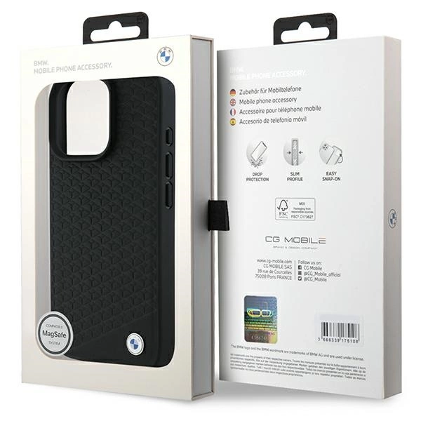 BMW Signature Leather Diamond Metal Logo MagSafe Case for iPhone 16 Pro Max - Blackeng
