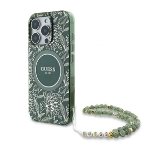 Guess IML Flowers Allover Electro With Pearl Strap MagSafe case for iPhone 16 Pro - greeneng