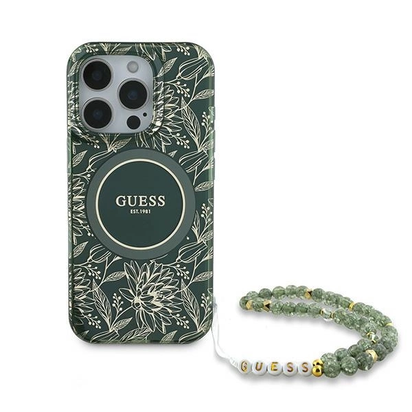 Guess IML Flowers Allover Electro With Pearl Strap MagSafe case for iPhone 16 Pro - greeneng