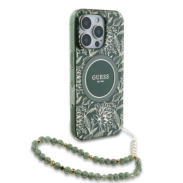 Guess IML Flowers Allover Electro With Pearl Strap MagSafe case for iPhone 16 Pro - greeneng