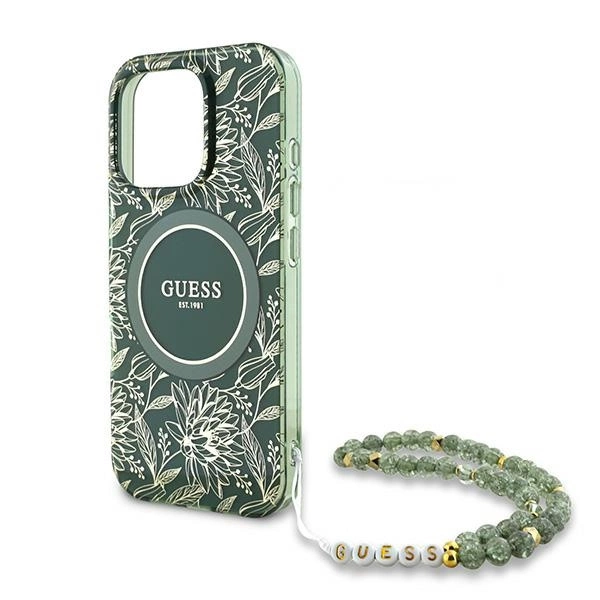 Guess IML Flowers Allover Electro With Pearl Strap MagSafe case for iPhone 16 Pro - greeneng