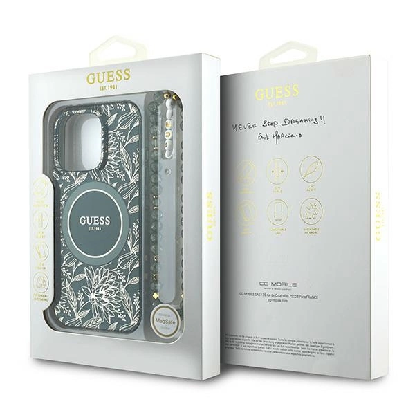 Guess IML Flowers Allover Electro With Pearl Strap MagSafe case for iPhone 16 Pro - greeneng