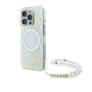 Guess IML Flowers Allover Electro With Pearl Strap MagSafe case for iPhone 16 Pro - whiteeng
