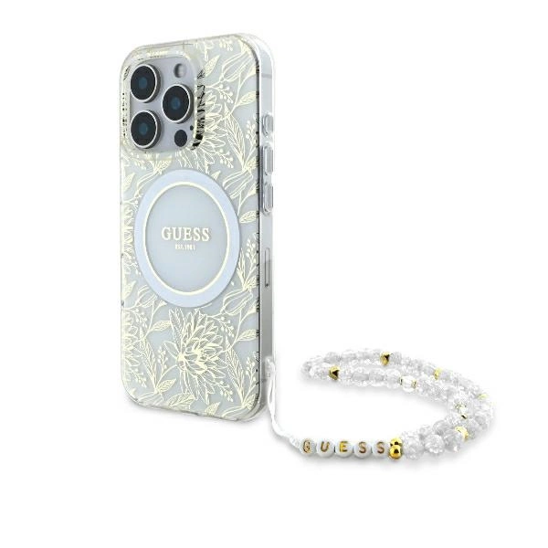 Guess IML Flowers Allover Electro With Pearl Strap MagSafe case for iPhone 16 Pro - whiteeng
