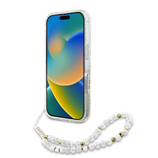 Guess IML Flowers Allover Electro With Pearl Strap MagSafe case for iPhone 16 Pro - whiteeng