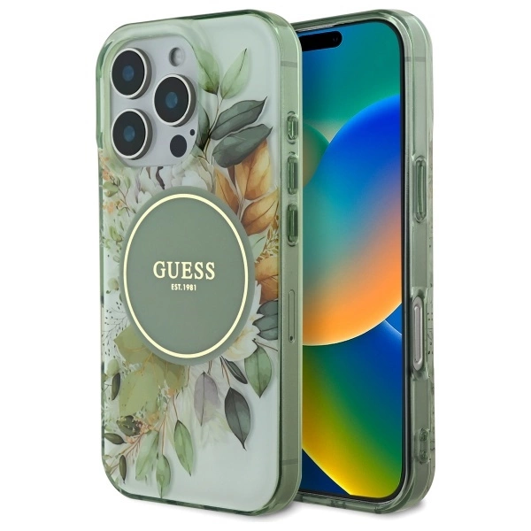 Guess IML Flower & Tonal Circle MagSafe case for iPhone 16 Pro - greeneng