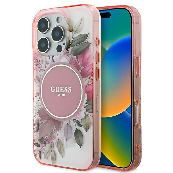 Guess IML Flower & Tonal Circle MagSafe iPhone 16 Pro Case - Pinkeng