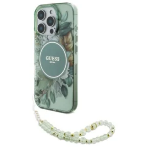 Guess IML Flowers With Pearl Strap MagSafe case for iPhone 16 Pro - greeneng