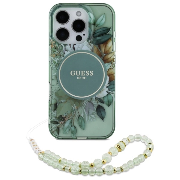 Guess IML Flowers With Pearl Strap MagSafe case for iPhone 16 Pro - greeneng
