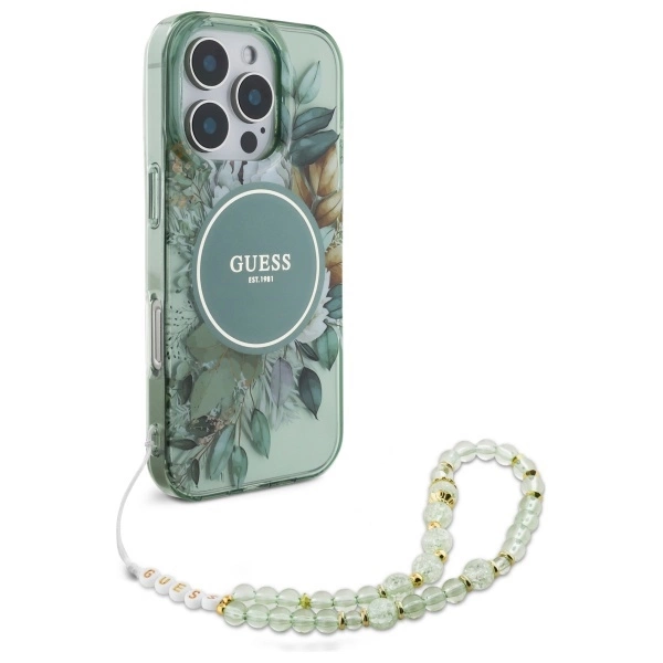 Guess IML Flowers With Pearl Strap MagSafe case for iPhone 16 Pro - greeneng