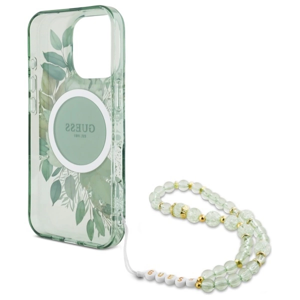 Guess IML Flowers With Pearl Strap MagSafe case for iPhone 16 Pro - greeneng