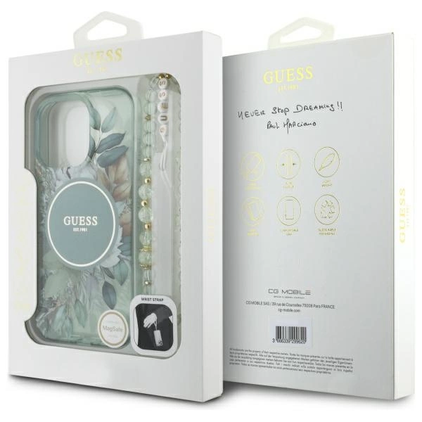 Guess IML Flowers With Pearl Strap MagSafe case for iPhone 16 Pro - greeneng