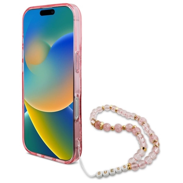 Guess IML Flowers With Pearl Strap MagSafe iPhone 16 Pro Case - Pinkeng