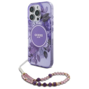 Guess IML Flowers With Pearl Strap MagSafe case for iPhone 16 Pro - purpleeng