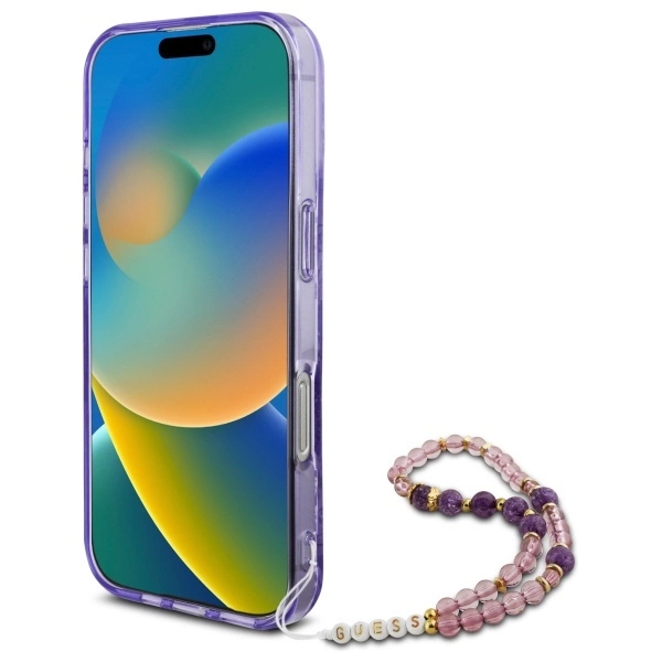 Guess IML Flowers With Pearl Strap MagSafe case for iPhone 16 Pro - purpleeng