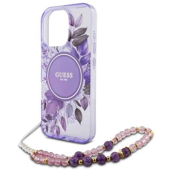 Guess IML Flowers With Pearl Strap MagSafe case for iPhone 16 Pro - purpleeng