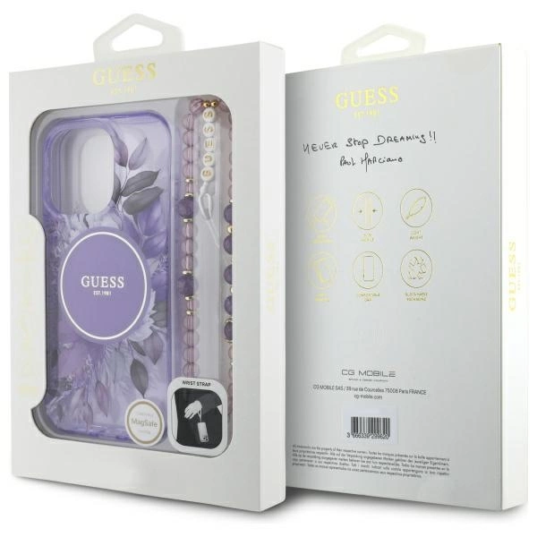 Guess IML Flowers With Pearl Strap MagSafe case for iPhone 16 Pro - purpleeng