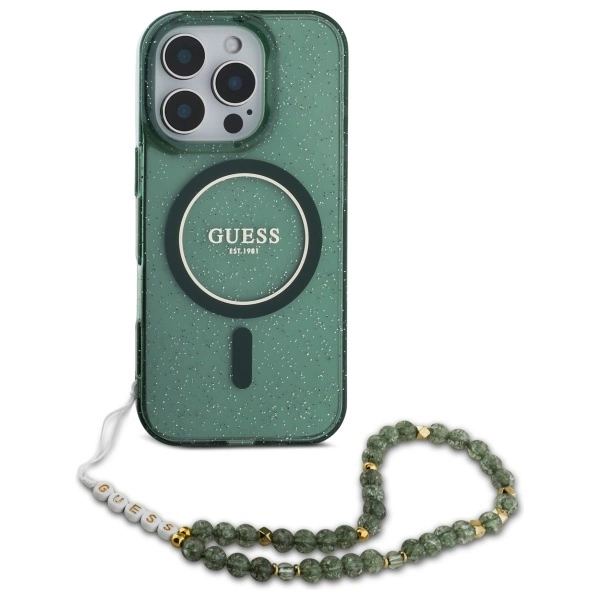 Guess IML Glitter With Pearl Strap MagSafe case for iPhone 16 Pro - greeneng
