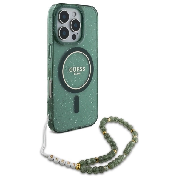 Guess IML Glitter With Pearl Strap MagSafe case for iPhone 16 Pro - greeneng