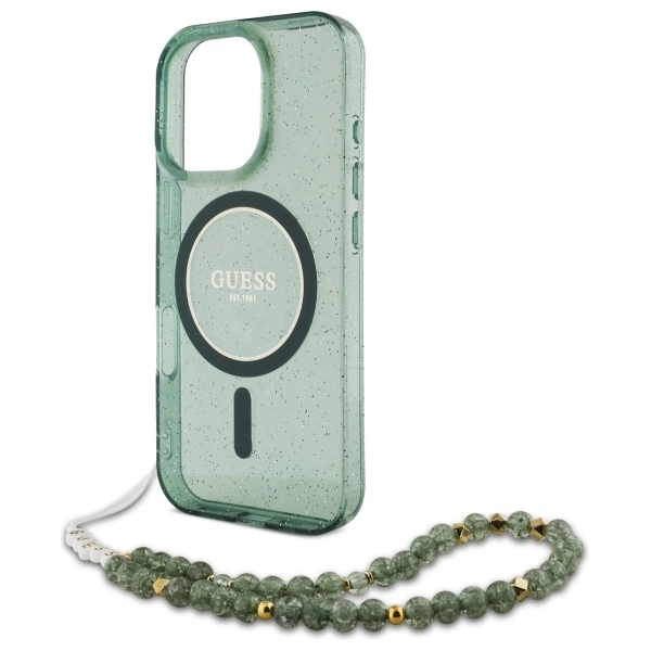 Guess IML Glitter With Pearl Strap MagSafe case for iPhone 16 Pro - greeneng