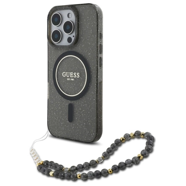 Guess IML Glitter With Pearl Strap MagSafe case for iPhone 16 Pro - blackeng