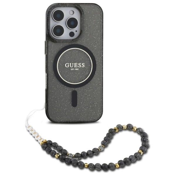 Guess IML Glitter With Pearl Strap MagSafe case for iPhone 16 Pro - blackeng