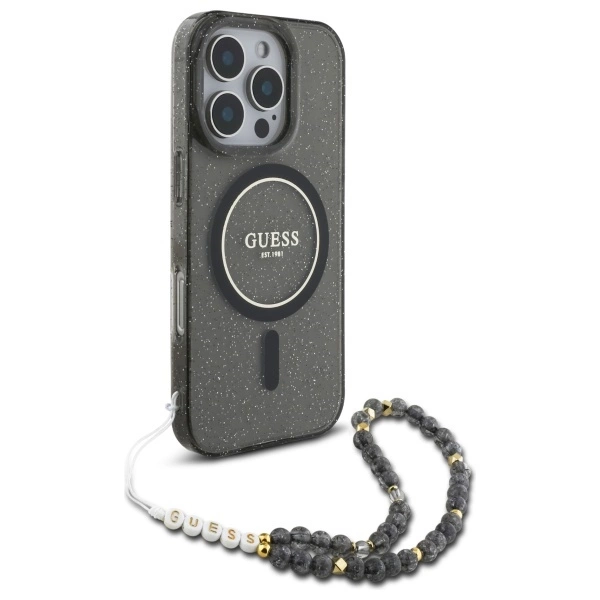 Guess IML Glitter With Pearl Strap MagSafe case for iPhone 16 Pro - blackeng