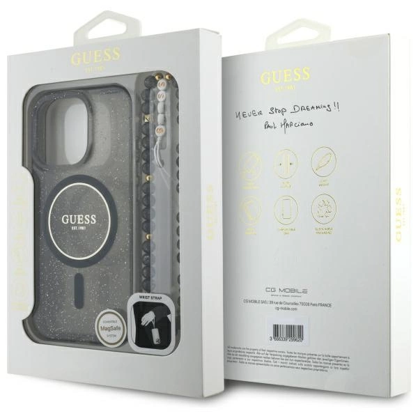 Guess IML Glitter With Pearl Strap MagSafe case for iPhone 16 Pro - blackeng