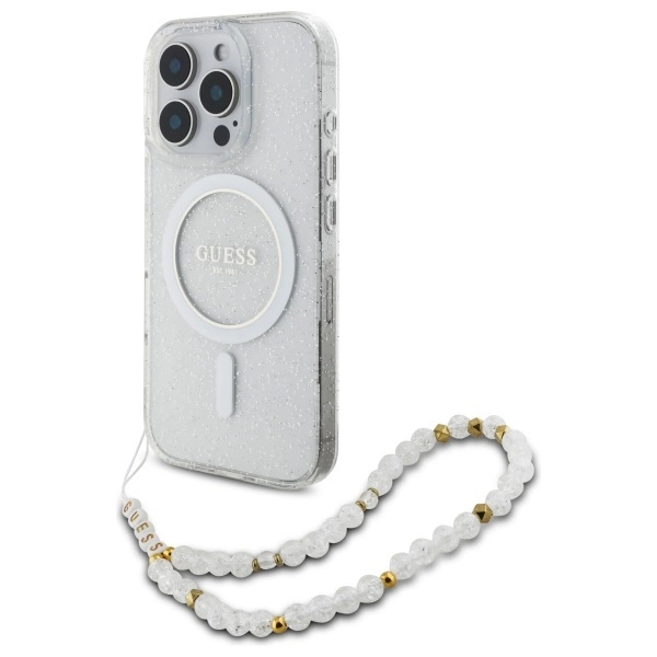 Guess IML Glitter With Pearl Strap MagSafe iPhone 16 Pro Case - Cleareng