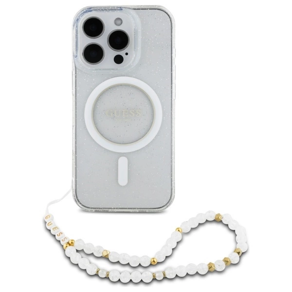 Guess IML Glitter With Pearl Strap MagSafe iPhone 16 Pro Case - Cleareng
