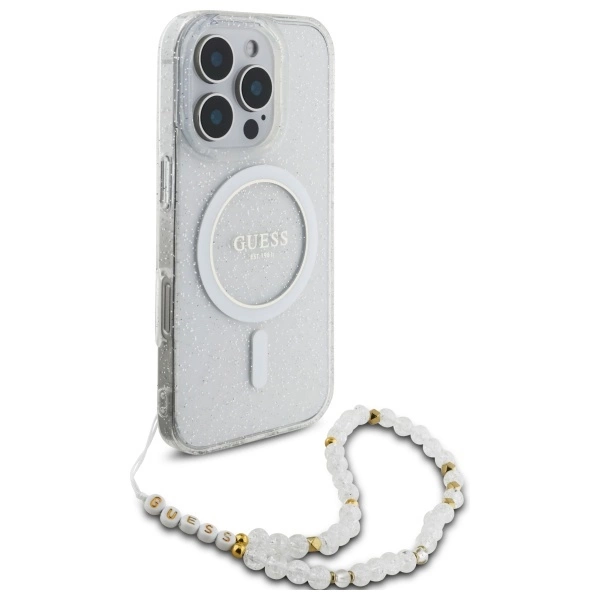 Guess IML Glitter With Pearl Strap MagSafe iPhone 16 Pro Case - Cleareng