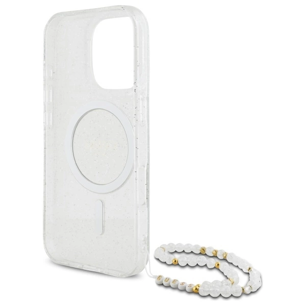 Guess IML Glitter With Pearl Strap MagSafe iPhone 16 Pro Case - Cleareng