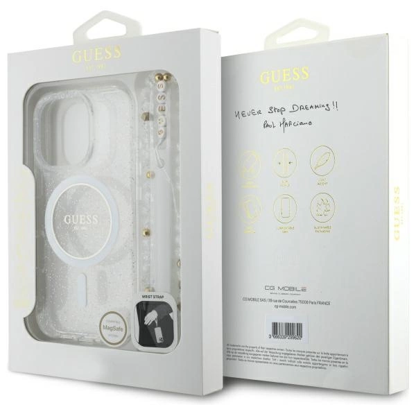 Guess IML Glitter With Pearl Strap MagSafe iPhone 16 Pro Case - Cleareng