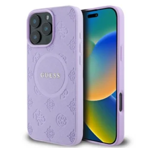 Guess Saffiano Peony Classic Logo MagSafe iPhone 16 Pro Case - Purpleeng