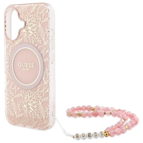Guess IML Flowers Allover Electro With Pearl Strap MagSafe iPhone 16 Plus Case - Pinkeng