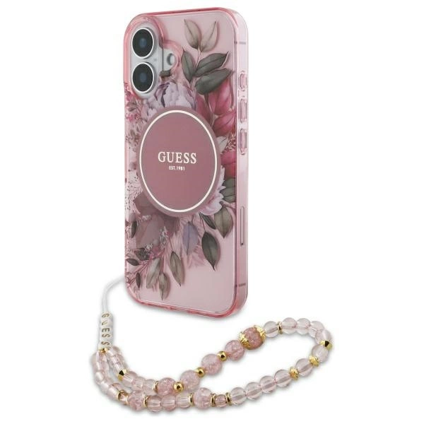 Guess IML Flowers With Pearl Strap MagSafe iPhone 16 Plus Case - Pinkeng