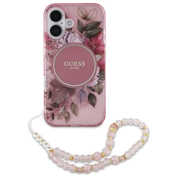 Guess IML Flowers With Pearl Strap MagSafe iPhone 16 Plus Case - Pinkeng