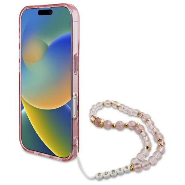 Guess IML Flowers With Pearl Strap MagSafe iPhone 16 Plus Case - Pinkeng