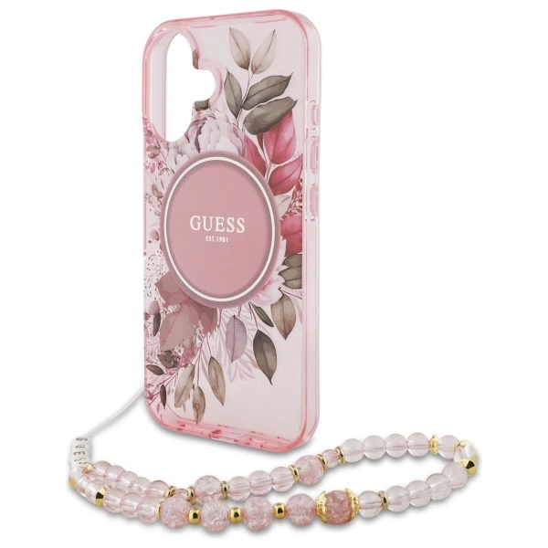 Guess IML Flowers With Pearl Strap MagSafe iPhone 16 Plus Case - Pinkeng