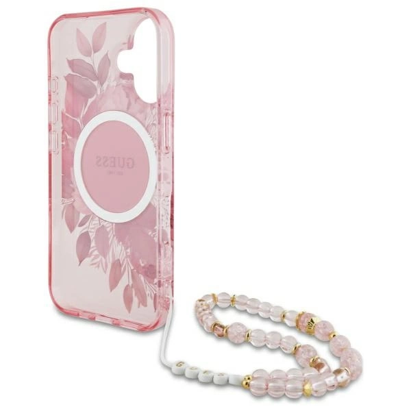 Guess IML Flowers With Pearl Strap MagSafe iPhone 16 Plus Case - Pinkeng